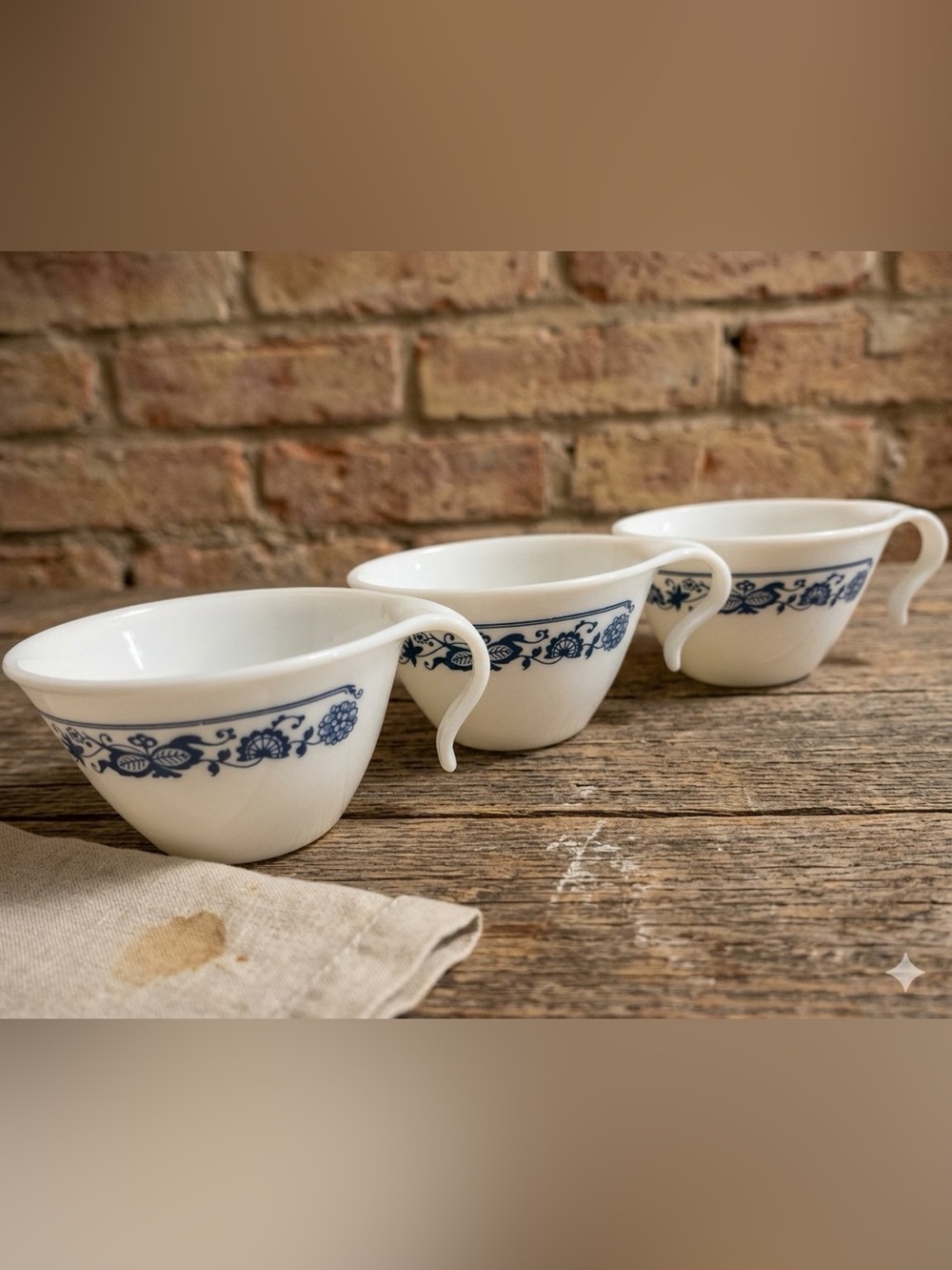 Vintage 70 Pyrex Corelle Hook Handle Coffee Cup Mug- Old Town Set of 3 Cottage